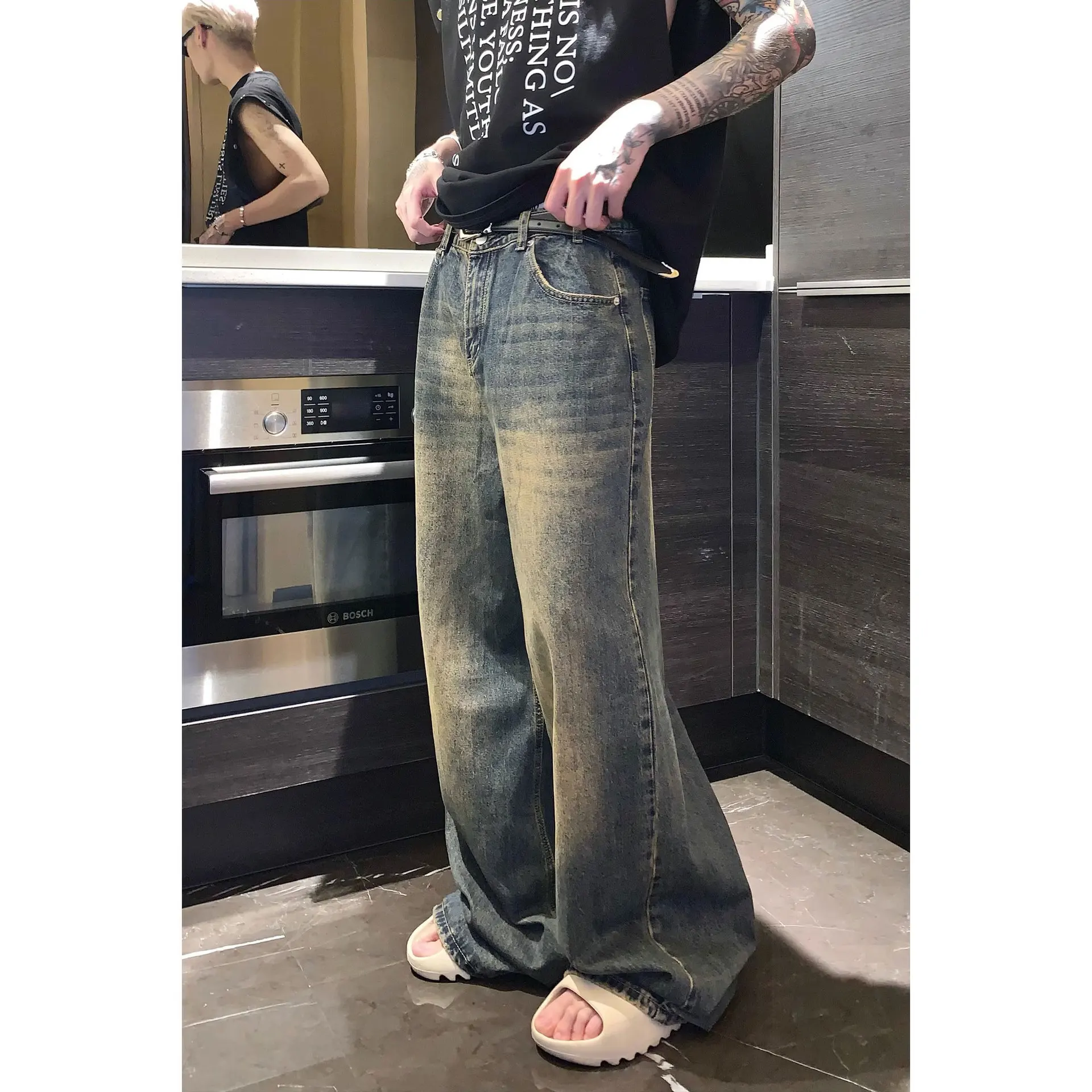 Vintage Men's Baggy Denim Trousers 2024 New Streetwear Wide Leg Loose Denim Pants Fashion Distressed Straight Pants 9C1519