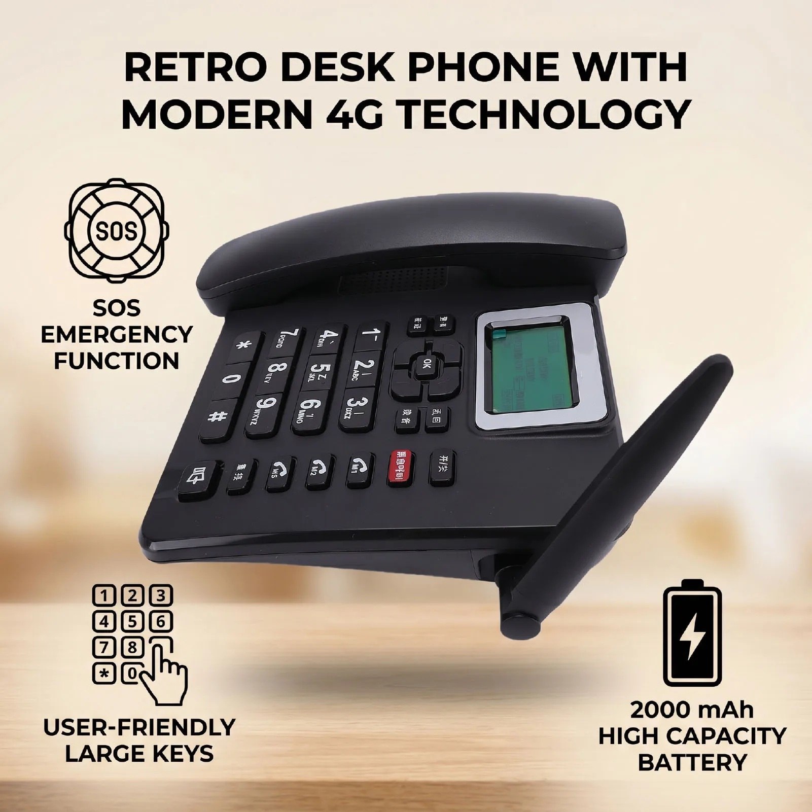 Wireless GSM Desk Telephone Antique Style 4G Mobile Unlocked Retro Cell Phone with SOS Emergency Call High Volume 1500MAh Batter