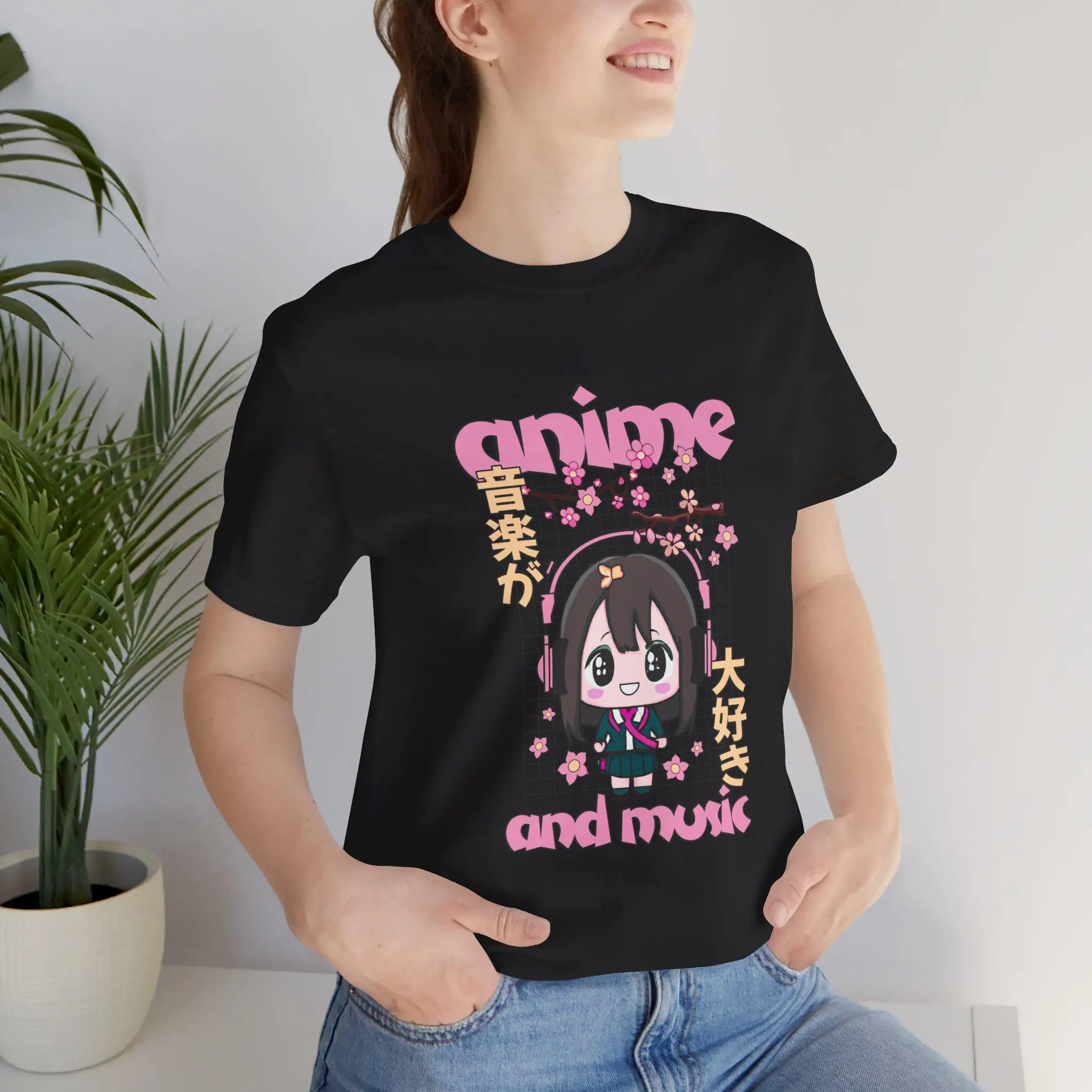 Anime and Music Chibi Girl T-shirt Women Kawaii Sakura Cherry Blossom Japanese Kanji Print Short Sleeve Casual Cotton Tee