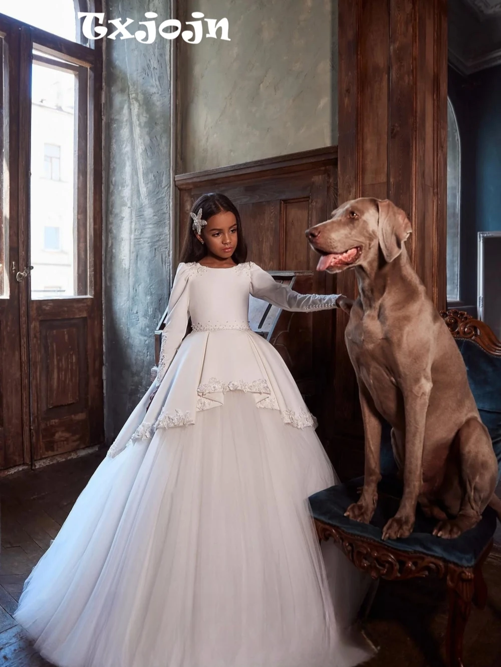 New Arrival White Pearls Lace Appliques Princess Gown For Kids Performance Wear Dreamy O neck Long Sleeve Girls Dresses On Sale