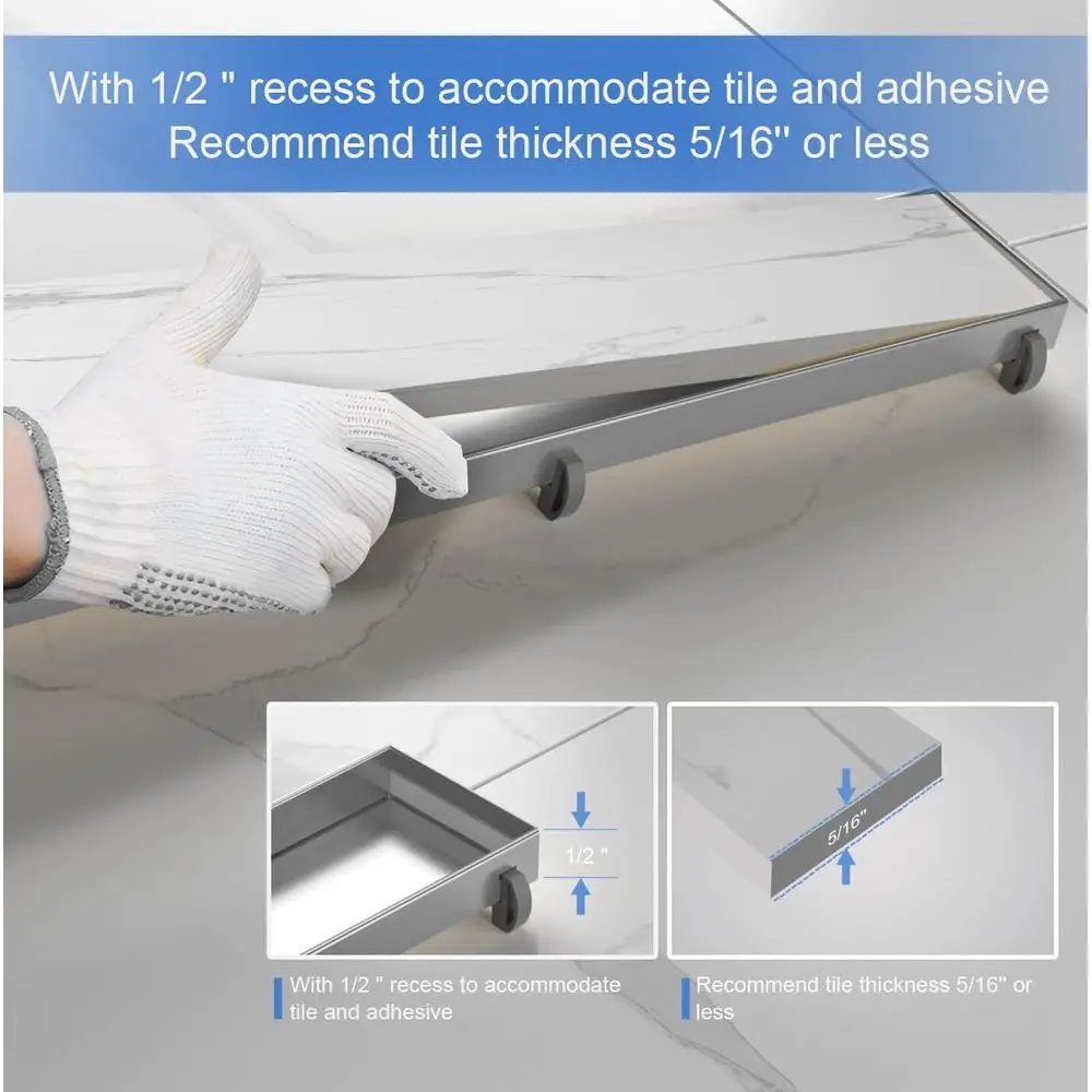 28 Scarico per doccia lungo in nichel spazzolato con inserto per piastrelle, acciaio inossidabile SUS 304, piedini regolabili, raccogli capelli per bagno