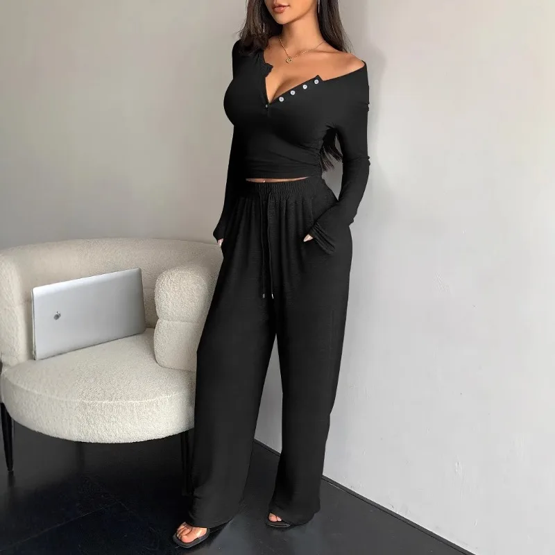 2025 신상 봄 가을 슬림핏 V넥 트레이닝복 티셔츠 이너웨어 와이드 팬츠 세트 홈웨어