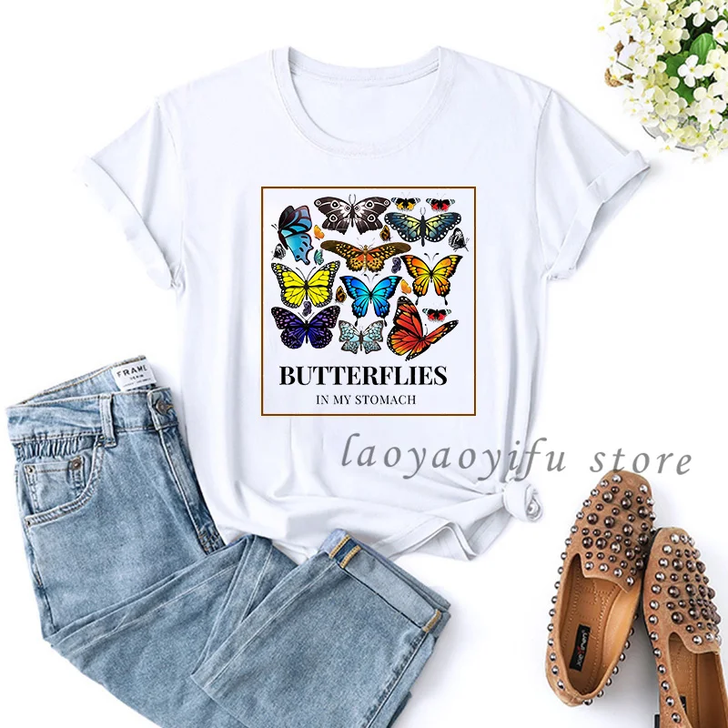 Kawaii Harajuku Bướm Đồ Họa Áo Phông Nữ Thời Trang Áo Phông Nữ Mùa Hè Áo Sơ Mi Nữ Camisetas De Mujer "Ropa Mujer