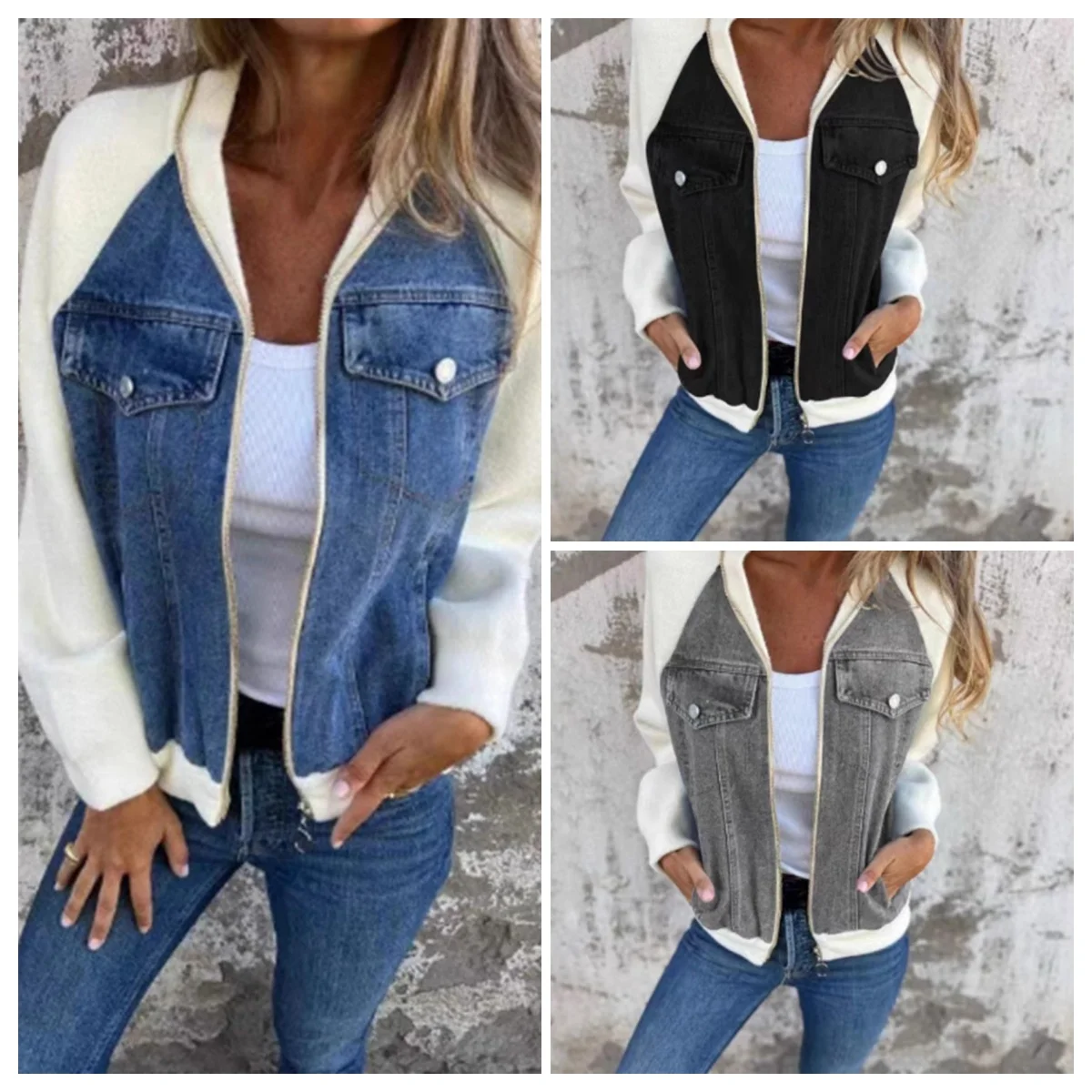 سترة نسائية من قماش الدنيم المرقعة موضة ربيع 2025 معطف متعثر كبير الحجم مع زر إغلاق (جاهزة للشحن)