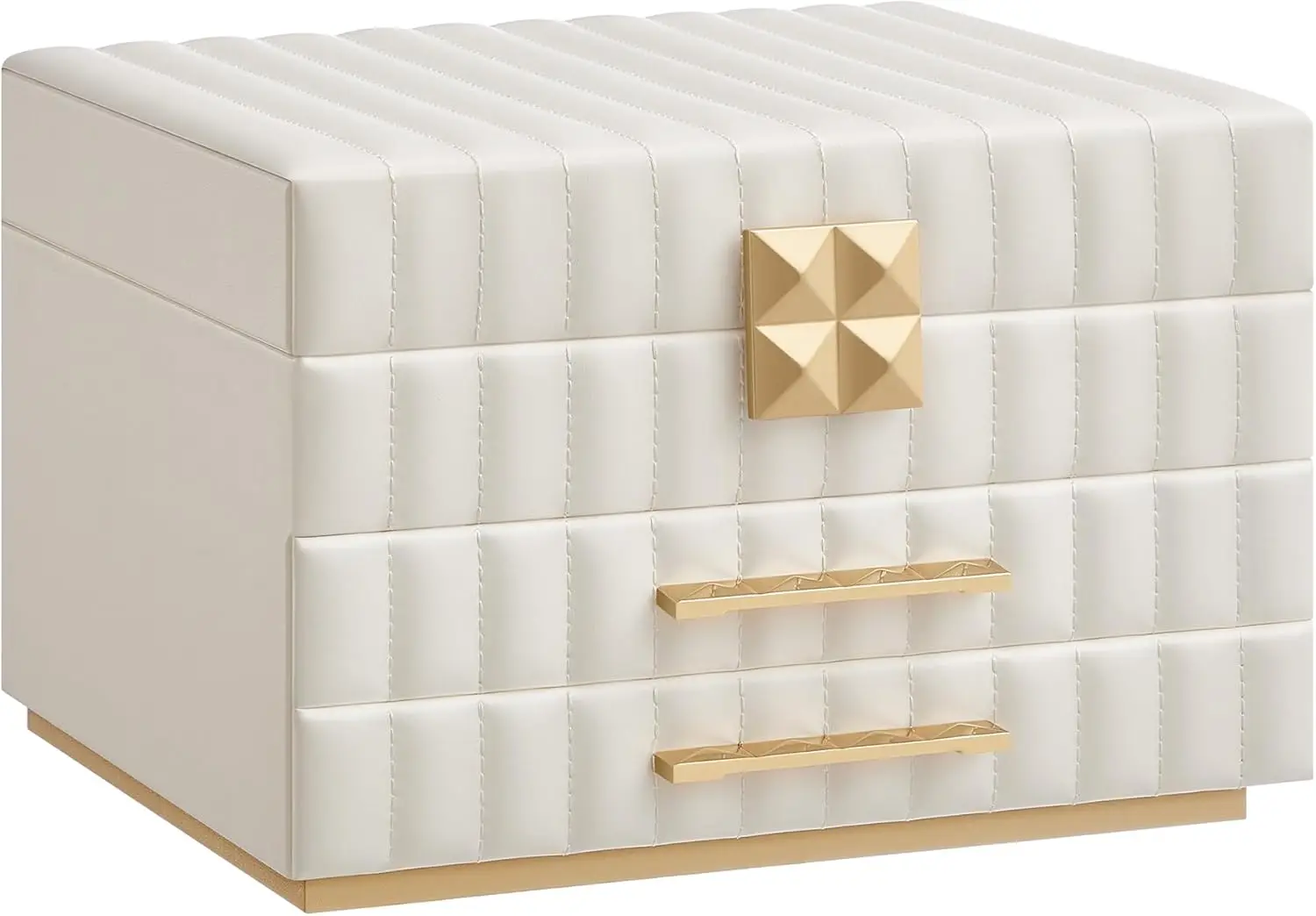 

3-Tier Jewelry Box with Mirror, 2 Drawers, PU Surface, Floating Base, White Organizer for Earrings and Rings