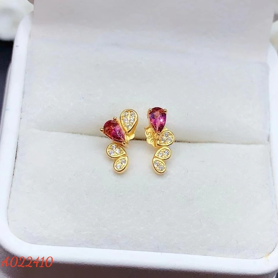 KJJEAXCMY Fine Jewelry Natural Red Tourmaline Women's Earrings S925 Silver Plated Gold Inlaid Gem Support Testing