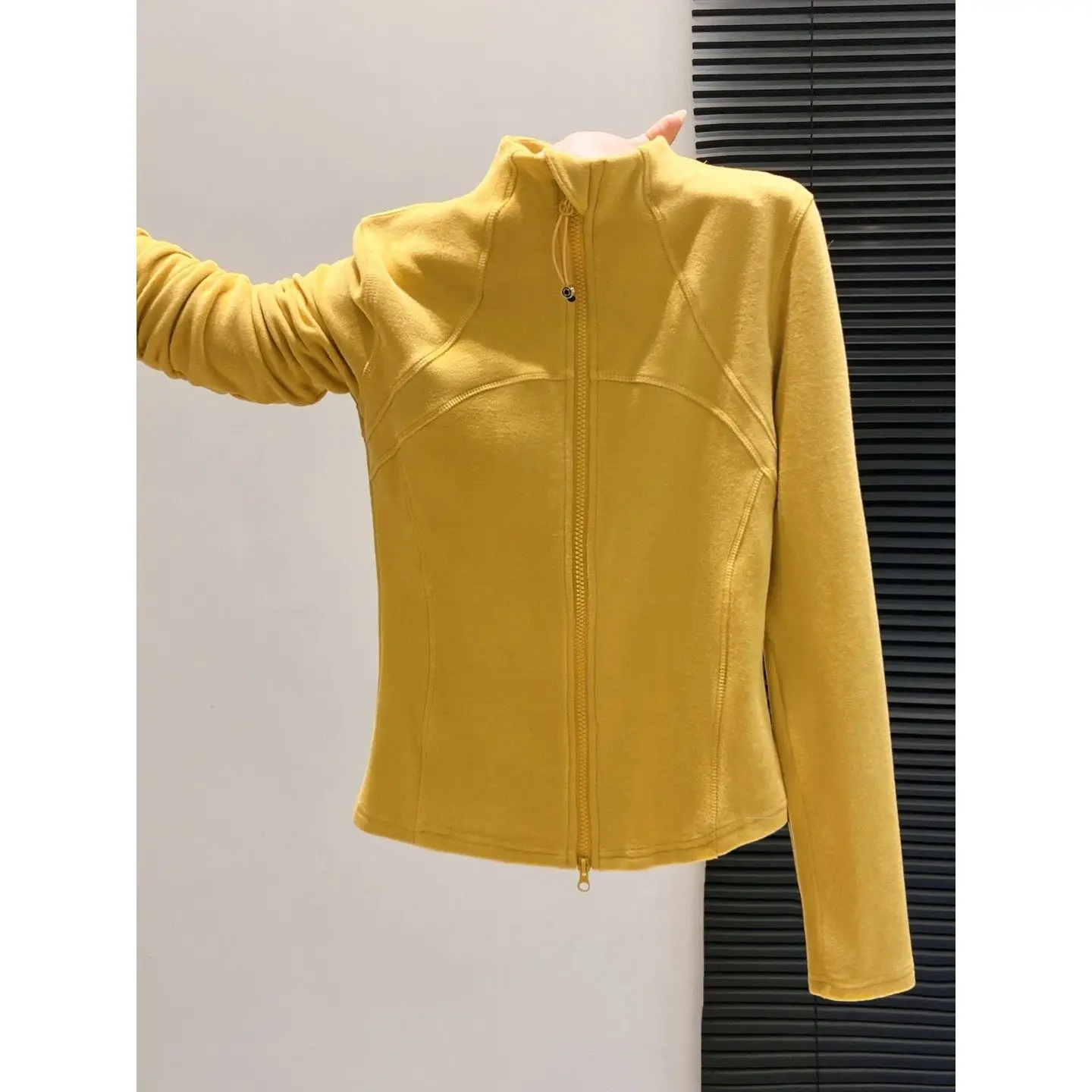 Yellow Stand-up Collar Double Zipper Long-sleeved Sweater Jacket Slim-fitting Versatile and Good-looking Top Cropped Cardigan