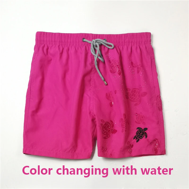 High Quality Men Magic Swimwear Solid Pink Color Changing Turtle Water Reactive Board Shorts Beach Surf Swim Trunks Bermuda