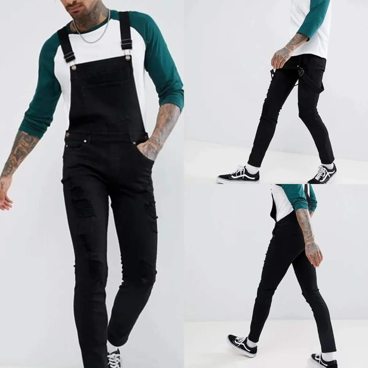 Fashionable Mens Overalls Suspenders Denim Jumpsuit Hole Jeans Pants Streetwear Men Rompers Full Length Trousers