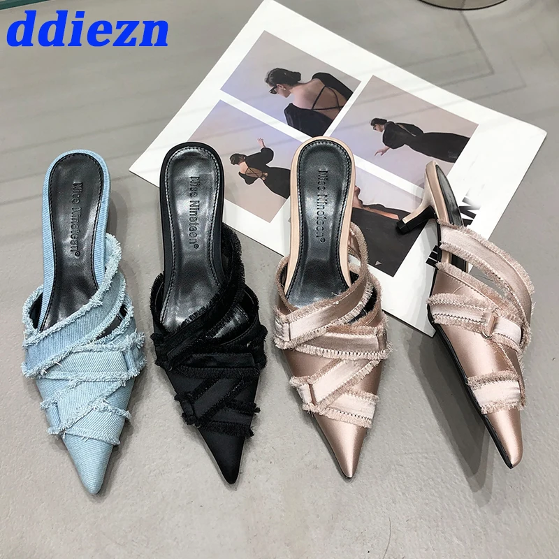 Zapatos de tacón medio para mujer, zapatos elegantes de mezclilla de diseñador a la moda, con punta puntiaguda, Mules deslizantes, 2023