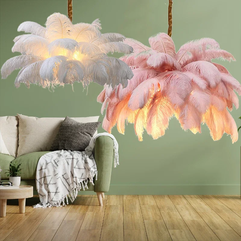 European Pink Black Feather Pendant Light Ceiling Lamp,Living Dining Room Bedroom Chandelier Fixtures Home Decor Factory Outlet
