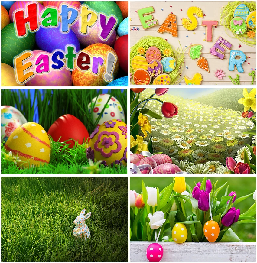 Happy Easter Eggs Flowers Bunny Spring Natural Landscape Backgrounds Green Grass Backdrops Baby Shower Studio Photography Props