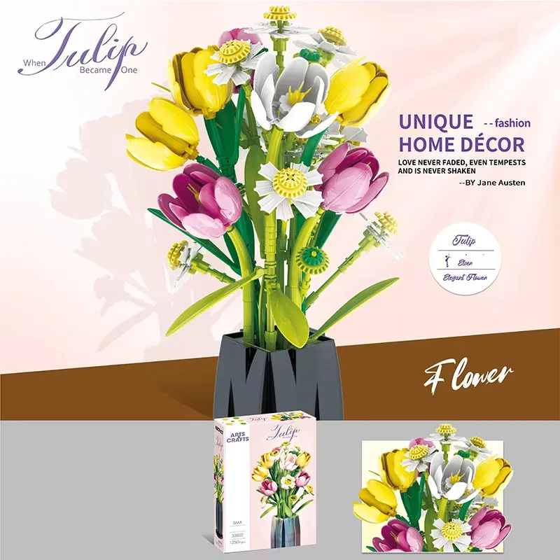 1250PCS Tulip Bouquet Building Blocks Flower Eternal Flower Vase Model Bricks Home Decoration DIY Toys Girls Romantic Gifts