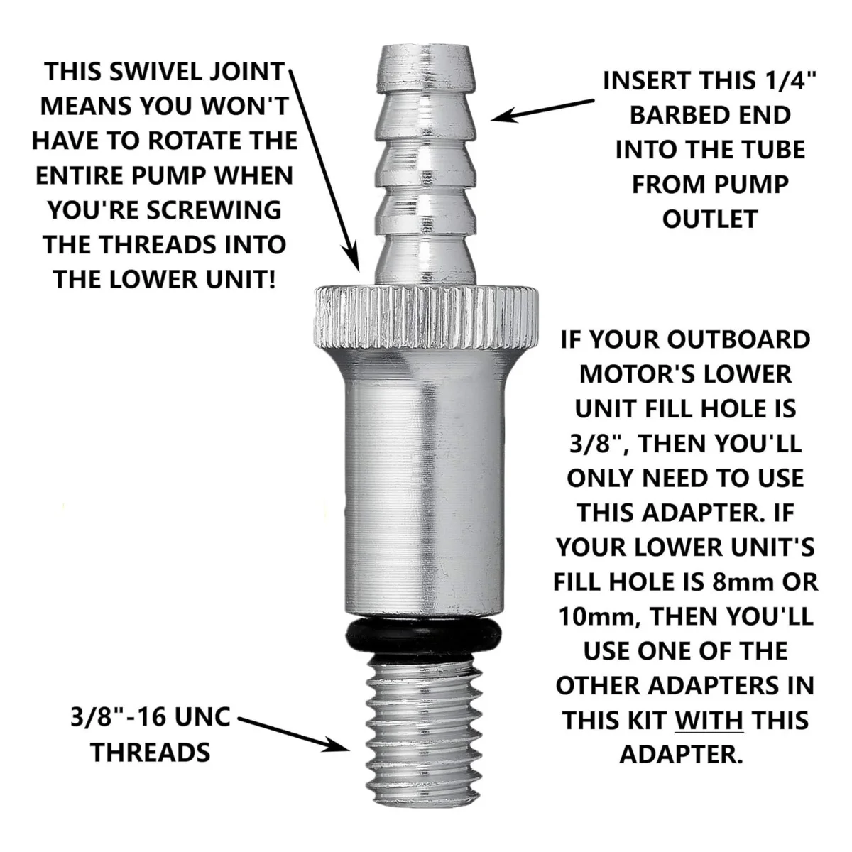 Low unit gear pump for standard quart bottles, including 3/8 inch metal rotation,8 mm and 10 mm adapters for most Marine outboar