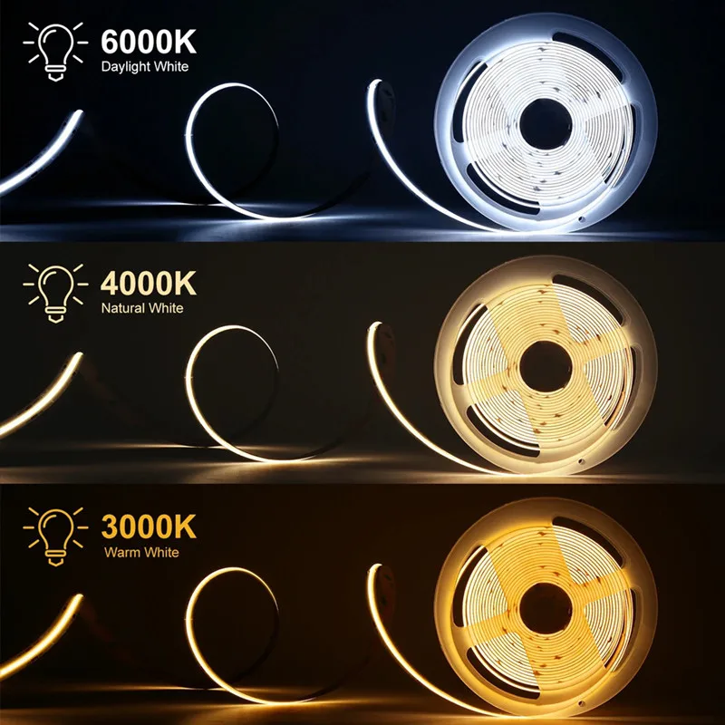 Tira de luces LED COB, 12V, 5M, cinta flexible de alta densidad, blanco frío, 6500K, blanco cálido, 3000K, blanco natural, 4000K, Ra90 DIY, 1cm, 1