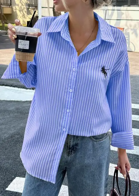 

Woman Blouse 2025 Spring Autumn New Fashion Striped Turn-Down Collar Casual Vacation Long Sleeved Loose Versatile Daily Shirt