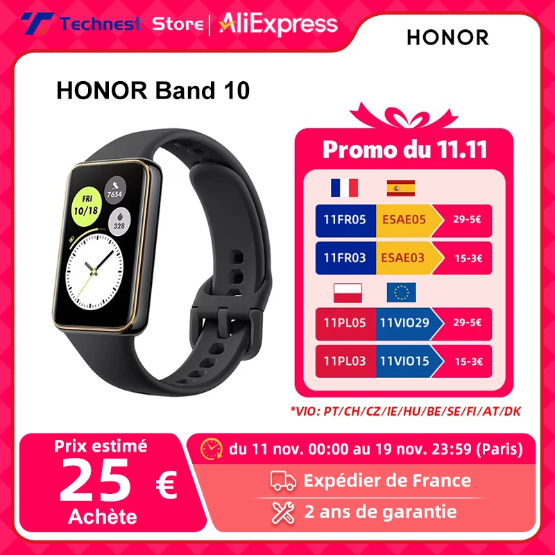 الإصدار العالمي Honor Band 10 تصميم ذو حافة منحنية صباح الصحة 1.57 بوصة شاشة AMOLED 5ATM مقاومة للماء بلوتوث 5.3
