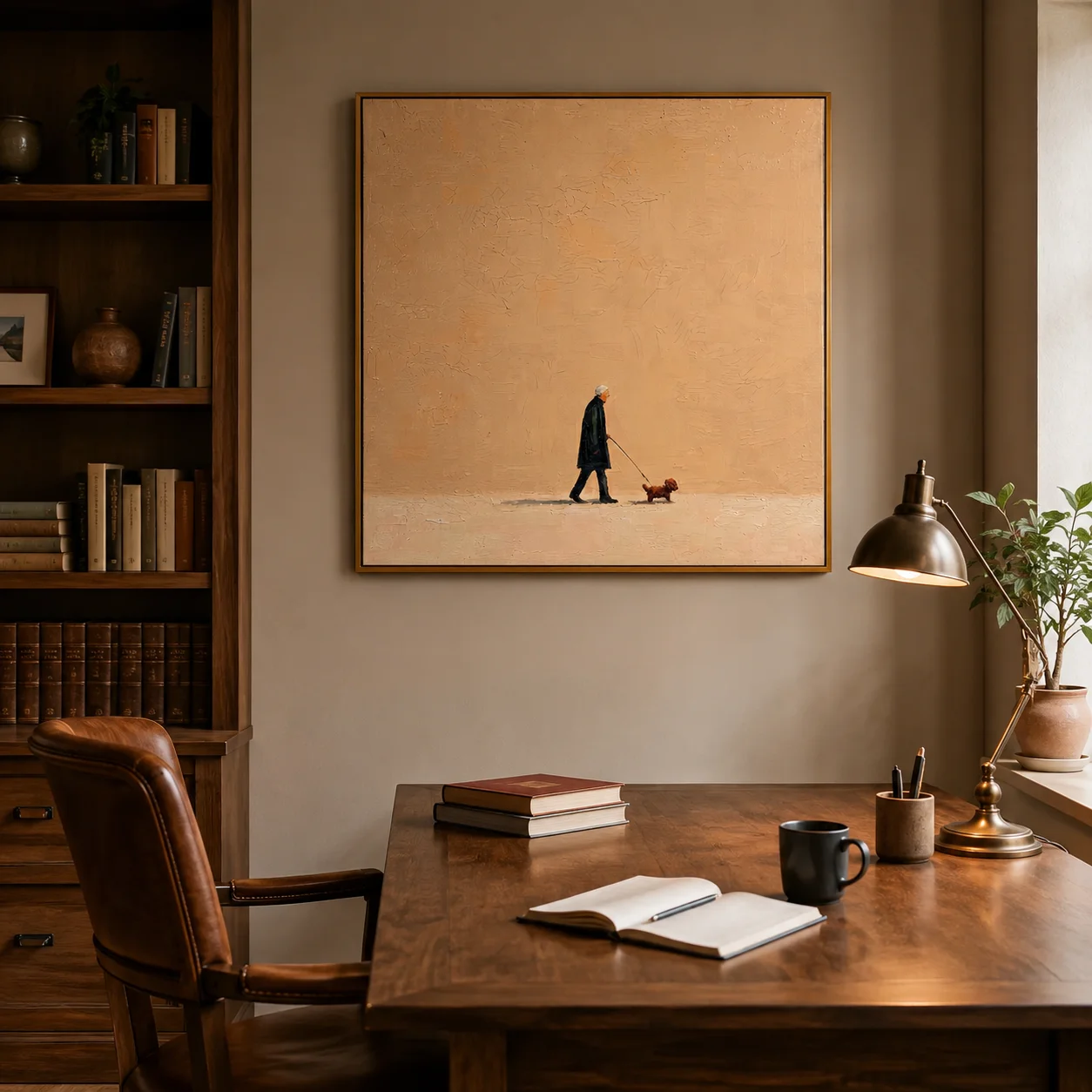 The Afternoon Stroll – Warm Peach Folk Man & Dog Portrait Painting | Minimalist Square Entryway Art for Bedroom, Living Room view 4