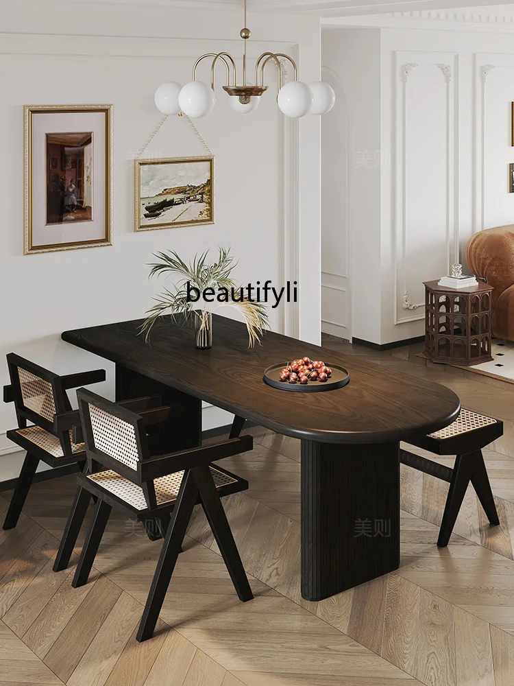 Black Solid Wood Half Ellipse Dining Table Island Table One Wall Small Apartment Log Retro French Dining Table