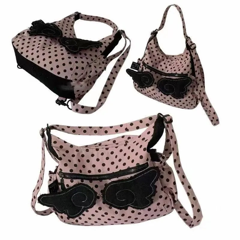 

Корейская милая милая большая сумка в горошек, женская сумка-тоут с мультяшными крыльями, большая вместительная сумка на плечо, женский многоцелевой рюкзак в стиле Харадзюку 2025