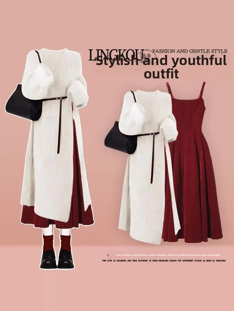 

Большой размер, осенне-зимний новогодний комплект, женский трикотажный комплект миди для похудения, красный ремешок, комплект из двух предметов Ele Sle, повседневная одежда