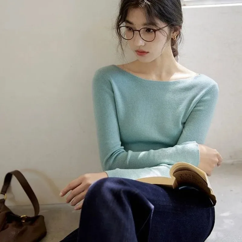 Women Off Shoulder Long Sleeve Knit Sweater Soft Slim French Style Casual Basic Layering Tops