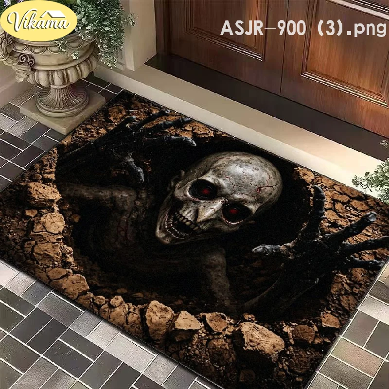 VIKAMA Halloween Door Mat 3D Skeleton Monster Cracked Ground Print Non Slip Rug For Entrance Horror Party Decor