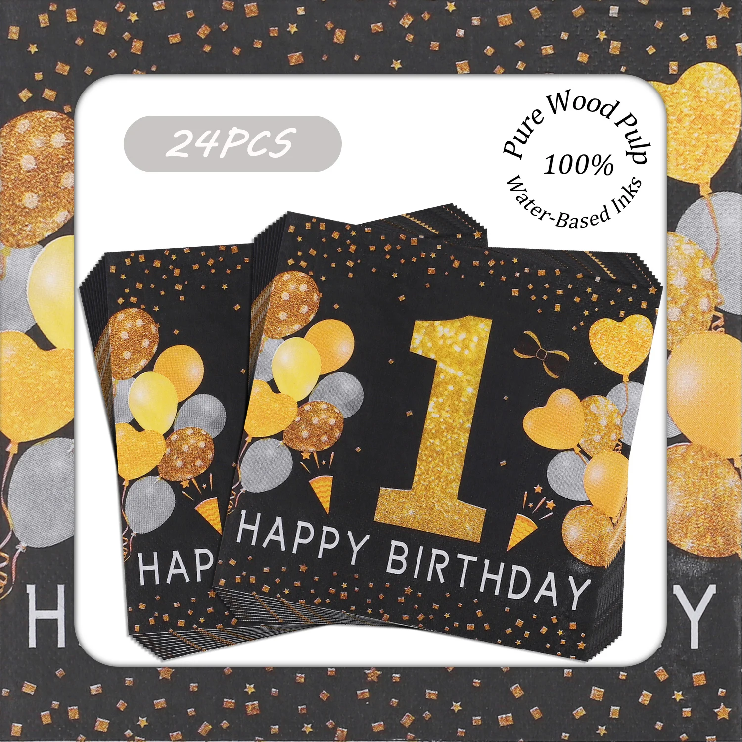 24pcs Gold '1' Birthday Printed Paper Napkins Pure Wood Pulp 33x33cm 1st Celebration Party Supplies - Disposable Party Napkins