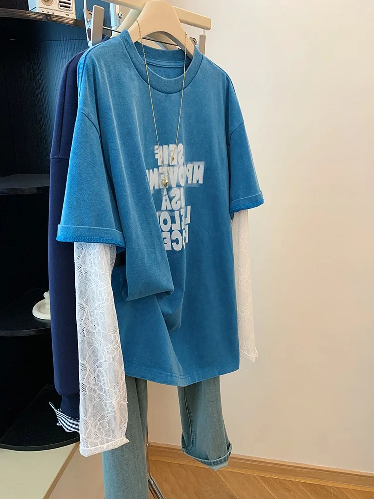 

plus Size Women's Long Sleeve T-Shirt Letter Print Slimming Belly Covering Spring Summer New Style Casual Loose Fit Cotton Top
