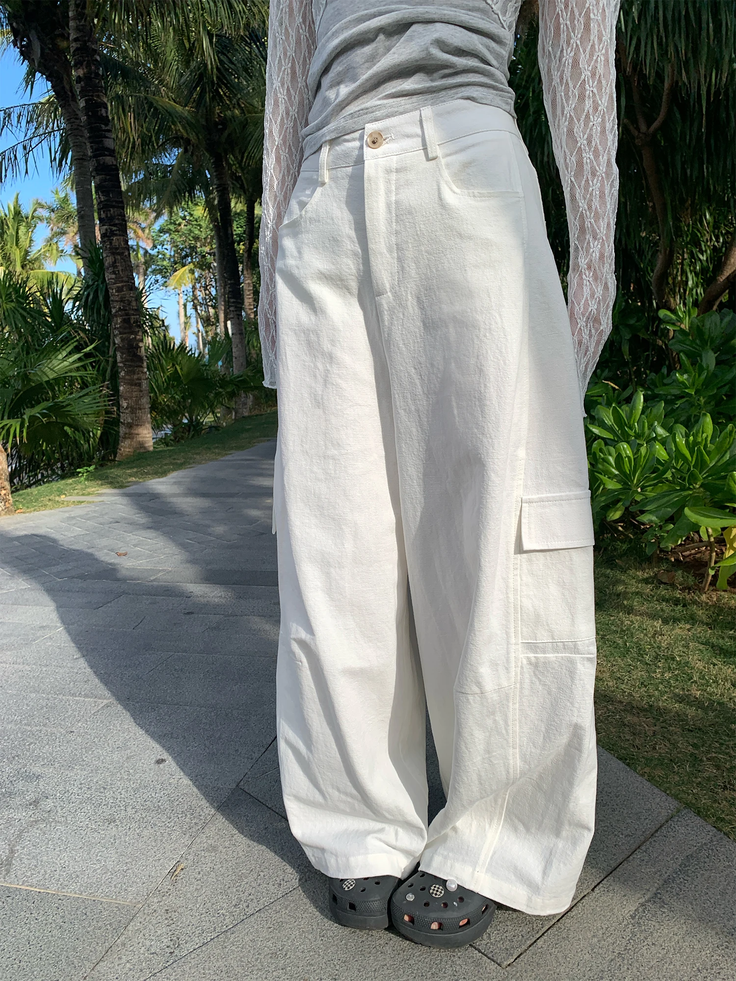 

Loose Wide Leg Casual Pants Women's White Floor-Length Trousers with Big kets High Waist Straight Tube Workwear Sle