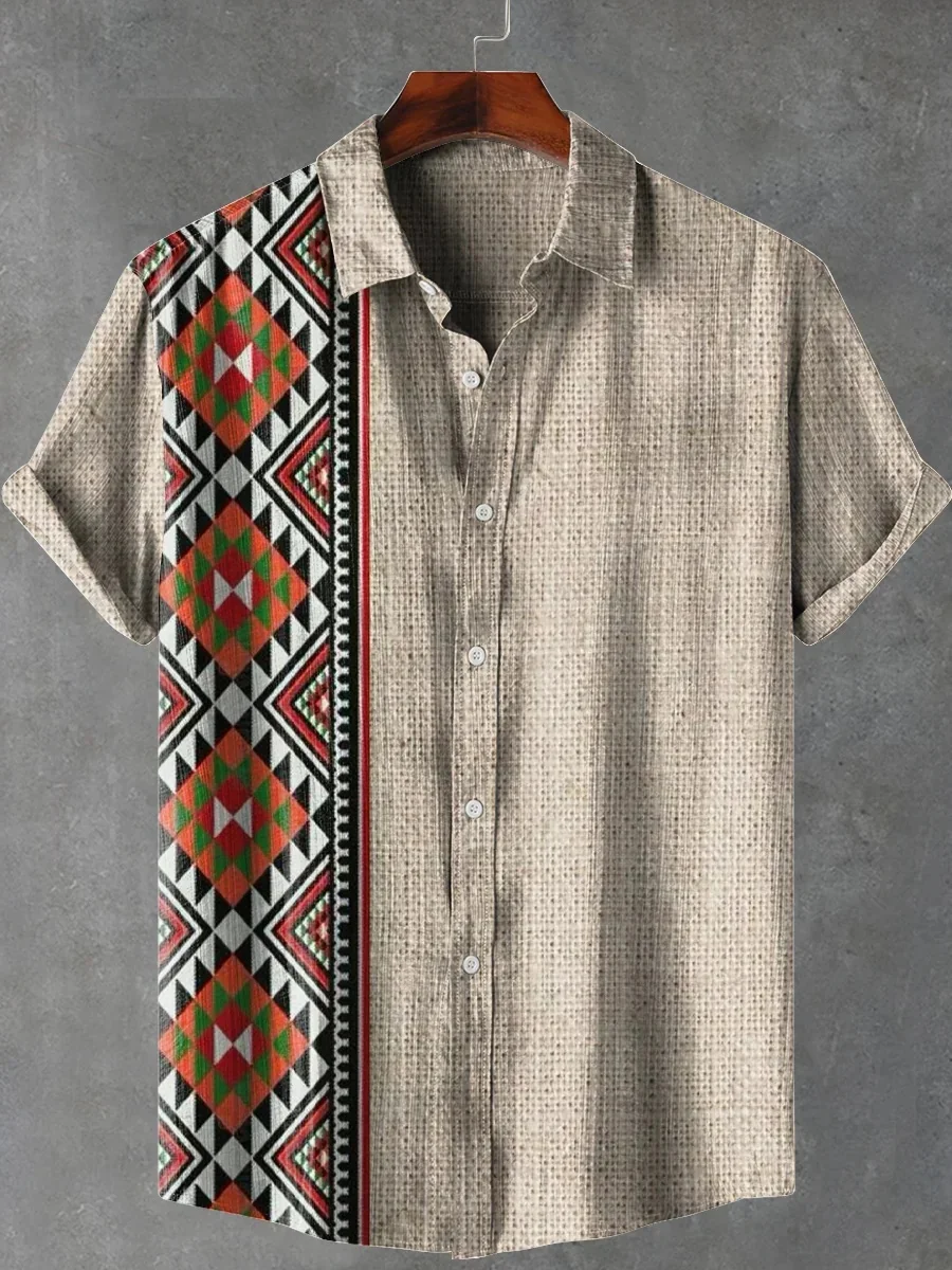 Mens Summer 2025 Comfortable Linen Short Sleeve Shirt Elegant Symmetrical Graphic Art Print Mens Casual Tops
