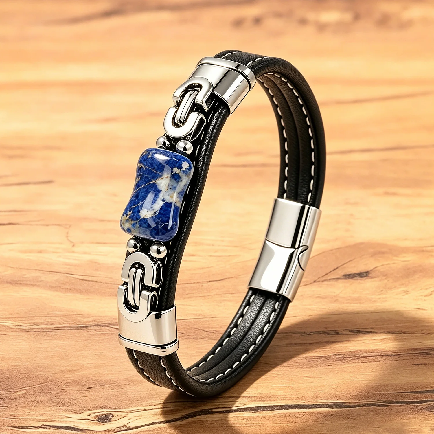 Vintage Punk-Rock Lederarmband für Männer, 8 Stile mit Natursteinperlen, Biker Casual Alltagsschmuck für Männer – Detail 8