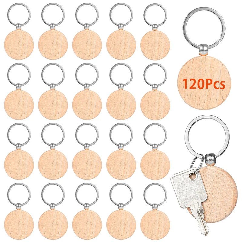 

120Pcs Unfinished Wooden Keychain Blank Round Wooden Keyring Key Tags