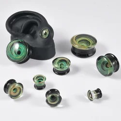 1Pair Glass Green Swirl Double Flare Flashback Ear Plug Tunnel Gauge For Men Women Ear Stretching Expander Piercing Body Jewelry