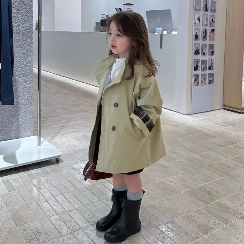 123  Spring Autumn Girls Long Trench Coat Retro Patchwork Loose Lapel Double-Breasted Windbreaker For Kids Fashion Coat 2-8 Y