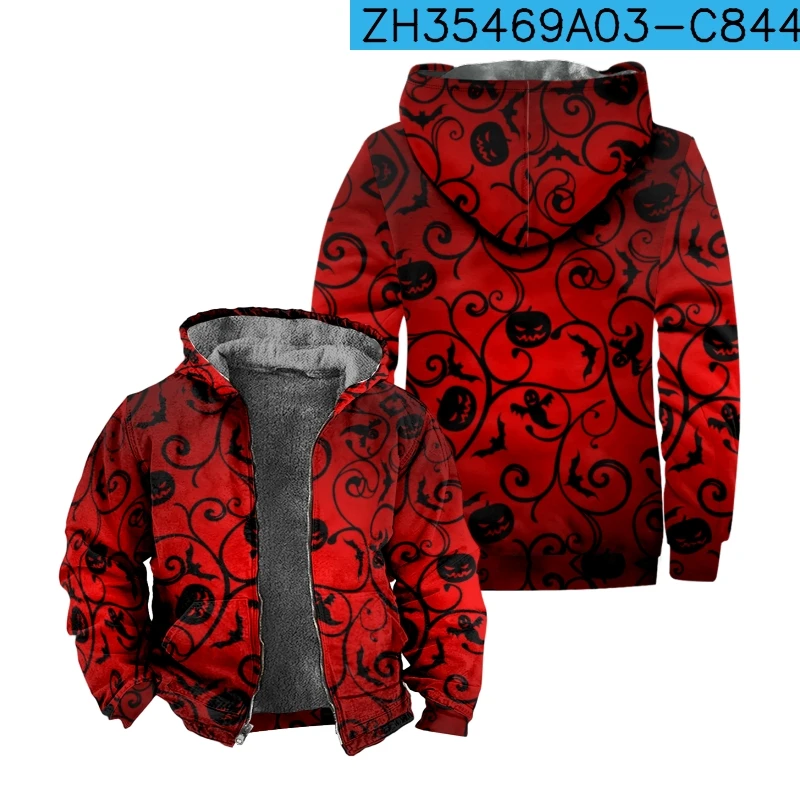 2023 New Halloween Cotton Coat Hooded Sweater Casual Print Long Sleeve Zipper Sweater Thick Cotton Coat Winter a01