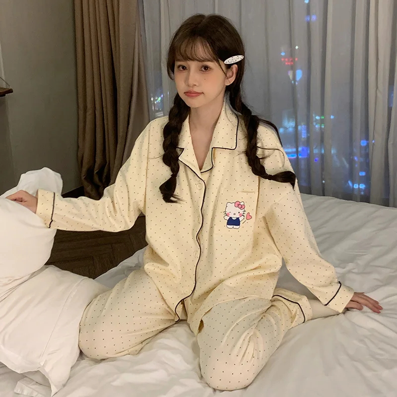 

Hello Kitty, осенне-зимняя женская пижама с длинными рукавами, 2 шт., Sanrio, новая пижама с рисунком аниме, свободная большая повседневная домашняя одежда, комплект