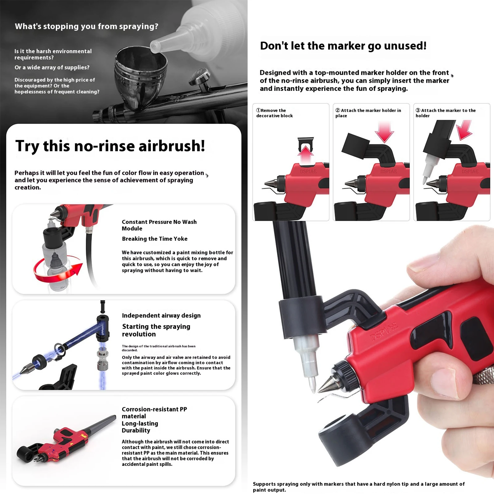 

Аэрограф PT-AB без промывки с держателем для маркеров, портативный аэрограф без очистки, быстрая смена краски, инструменты для хобби и рукоделия
