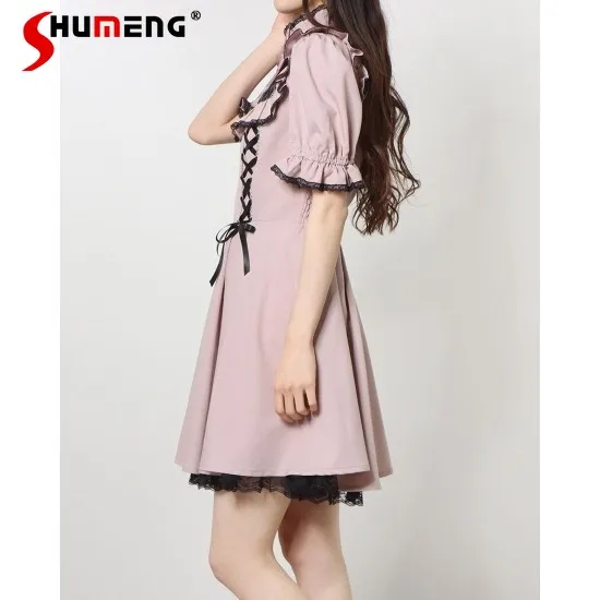 

Японское милое кружевное платье в стиле Лолита с воротником-стойкой, бантом, короткими рукавами, завышенной талией, на шнуровке, облегающее, плиссированное, для женщин, летнее