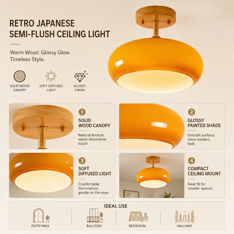 Vintage Japanese Retro Wooden Cream Persimmon Ceiling Light for Hallway Entrance Cloakroom Bedroom Balcony Warm Ambiance