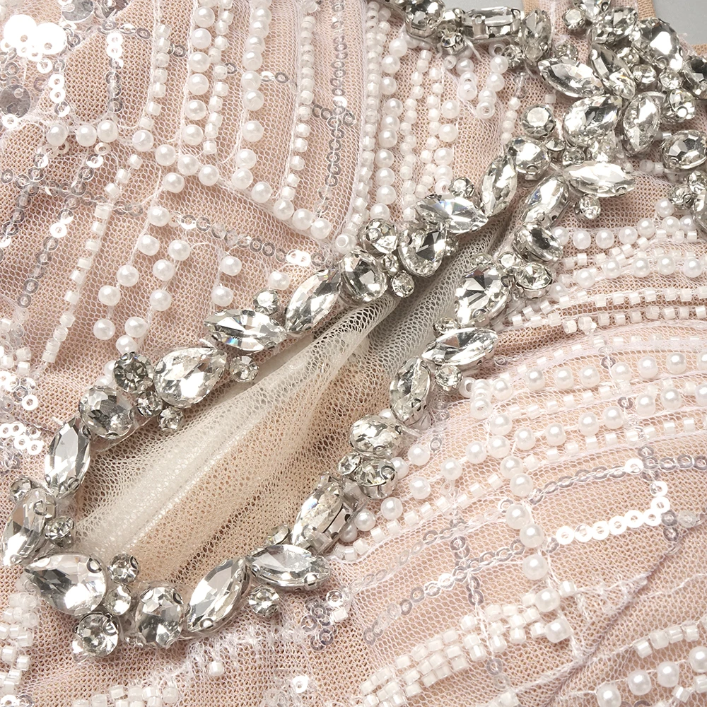 فستان سهرة مطرز بالكريستال الفضي PB مع فتحة ثقب المفتاح، فستان طويل أنيق بدون أكمام للحفلات والمناسبات الرسمية