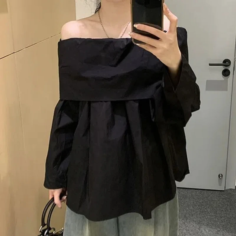 Black Shirt for Women Spring and Autumn New High-end Style Wide Truffle Shoulder Niche Design Sense Versatile Sexy Sweet Tops