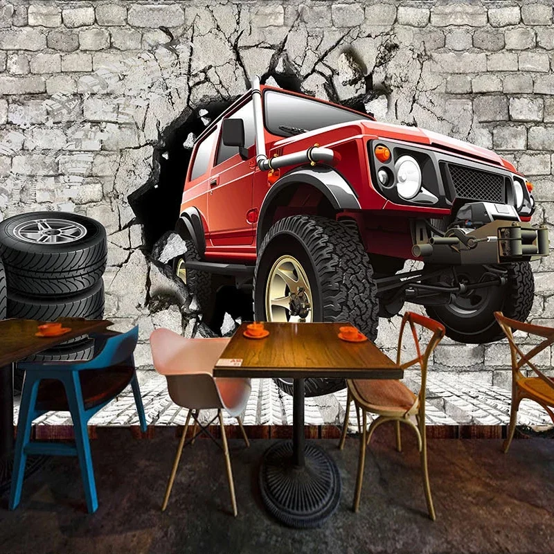 

Custom 3D Poster Photo Wallpaper Retro Brick Wall Tire Car Restaurant KTV Bar Tooling Background Decoration Mural Home Décor