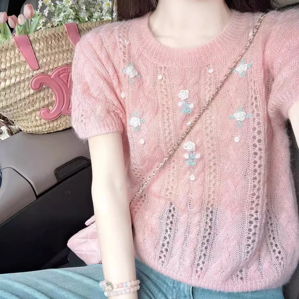 

Лето 2023, женский красивый ажурный трикотаж с крючками и цветами ор Све, модный розовый топ небольшого размера для молодежи