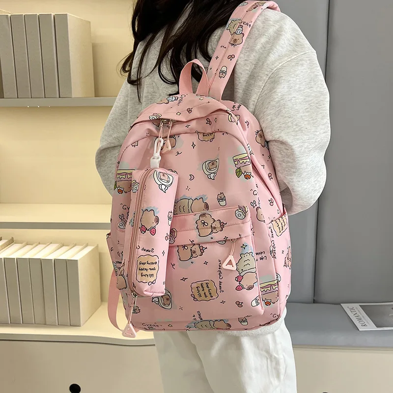 Tas Sekolah Kapibara Lucu Ransel Nilon Tas Bahu Kotak Pensil Kecil Kapasitas Besar Tas Wanita Ransel Hadiah Ulang Tahun Kawaii