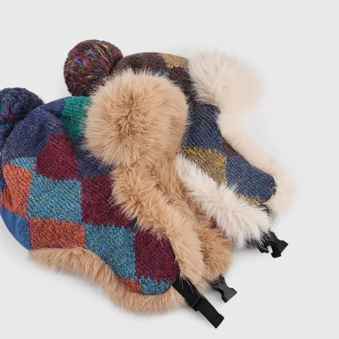 Ethnic style knitted thickened ear protection hat winter color rhombus cold-proof thunder hat hairball plush hat