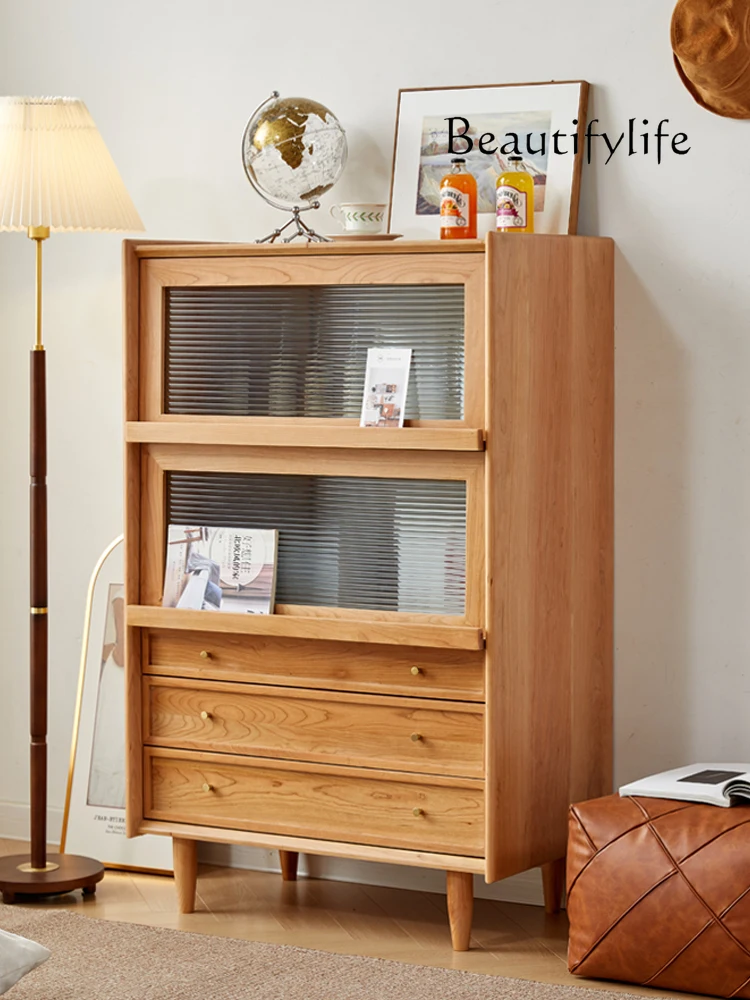 North America Cherrywood Walnut Bookcase Locker Side Cabinet Display Glass Door Solid Wood with Door Simple