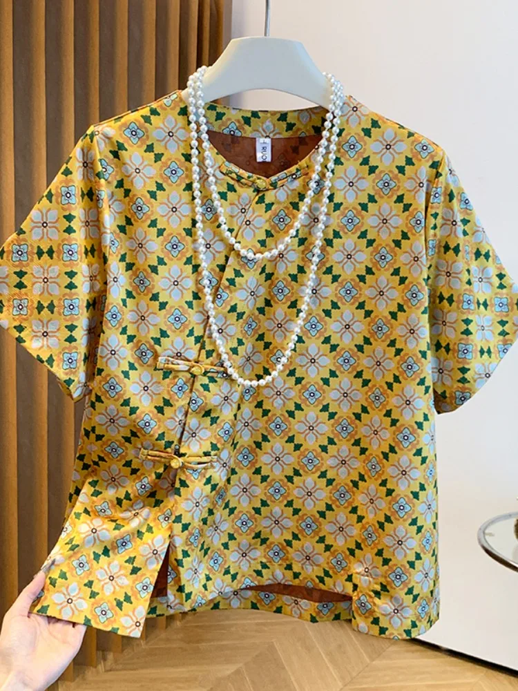 

New Chinese Sle ort Sve Embroidered angn Silk Women's irt Button up Collar Loose Fit Summer Faion High End Tan...