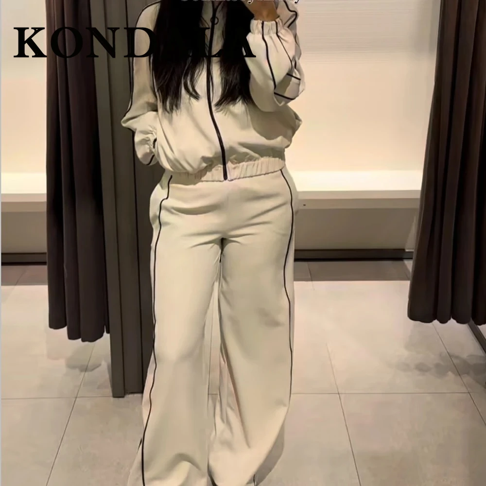 

KONDALA шикарные белые повседневные черные женские костюмы с длинным рукавом + эластичная талия, широкие длинные брюки, модные спортивные костюмы 2025 года