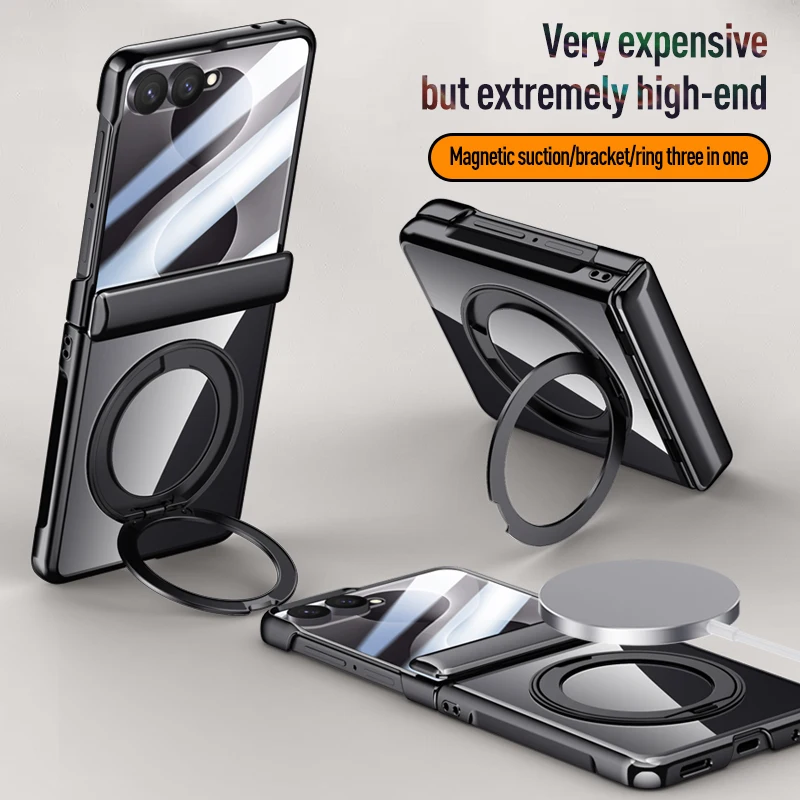 For Samsung Galaxy Z Flip 8 5G Case Electroplated Clear Fold Hinge Rotating Bracket Magnetic Wireless Charging With Mirror Film